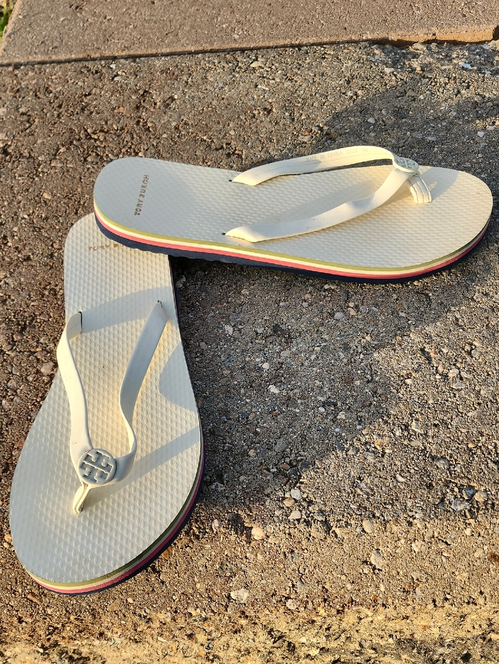 Tory Burch Cream Flip Flop Sandals with Multicolor Trim
